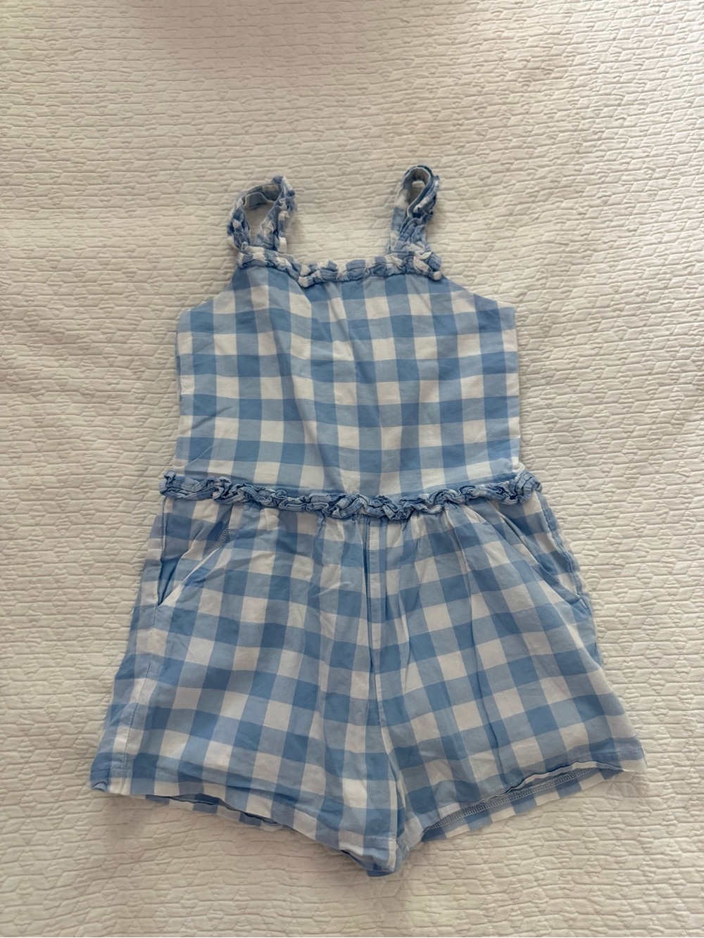 Janie and Jack Blue and White Gingham Romper with Ruffle Trim